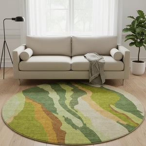 HomeRoots 8' Green Copper and Peach Abstract Round Rug - Washable, UV-Protected, Durable for High-Traffic Areas 682118