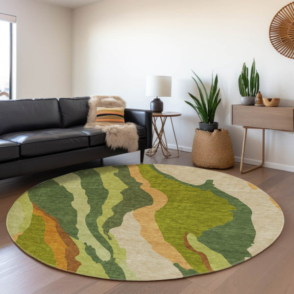 HomeRoots 8' Green Copper and Peach Abstract Round Rug - Washable, UV-Protected, Durable for High-Traffic Areas 682118