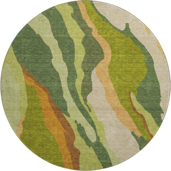 HomeRoots 8' Green Copper and Peach Abstract Round Rug - Washable, UV-Protected, Durable for High-Traffic Areas 682118