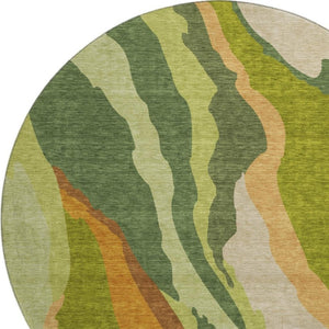 HomeRoots 8' Green Copper and Peach Abstract Round Rug - Washable, UV-Protected, Durable for High-Traffic Areas 682118