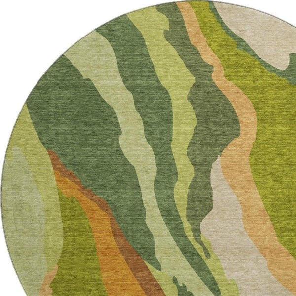 HomeRoots 8' Green Copper and Peach Abstract Round Rug - Washable, UV-Protected, Durable for High-Traffic Areas 682118