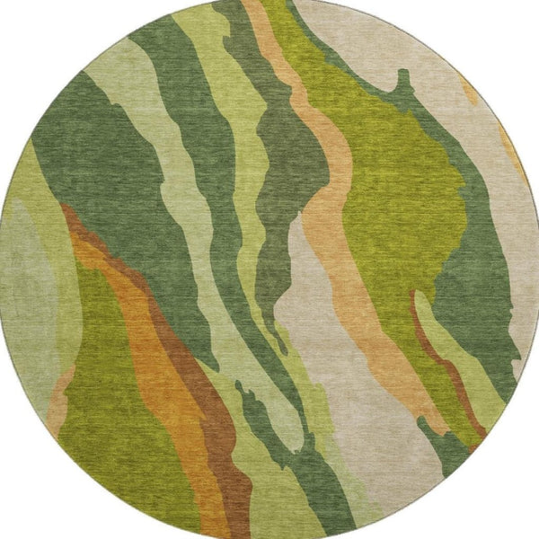 HomeRoots 8' Green Copper and Peach Abstract Round Rug - Washable, UV-Protected, Durable for High-Traffic Areas 682118