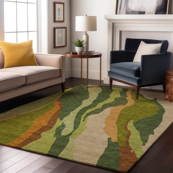 HomeRoots 10' X 14' Modern Green, Copper & Peach Abstract Washable Area Rug with UV & Stain Protection 682121
