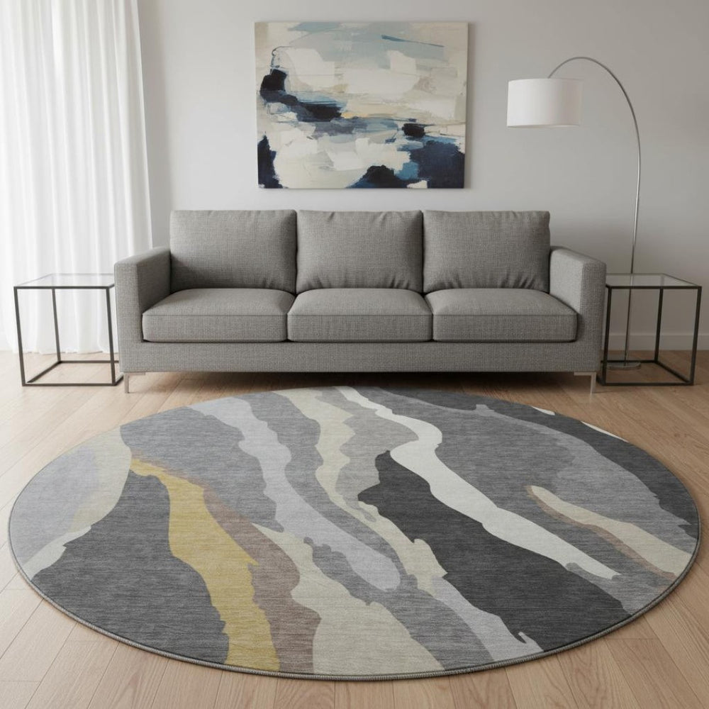 HomeRoots 8' Gray Gold and Charcoal Abstract Round Rug - Washable, UV Protected, Durable, Stylish Home Accent 682124