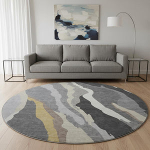 HomeRoots 8' Gray Gold and Charcoal Abstract Round Rug - Washable, UV Protected, Durable, Stylish Home Accent 682124