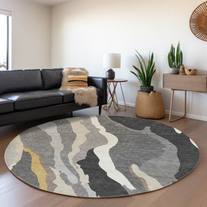 HomeRoots 8' Gray Gold and Charcoal Abstract Round Rug - Washable, UV Protected, Durable, Stylish Home Accent 682124