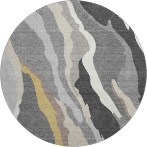 HomeRoots 8' Gray Gold and Charcoal Abstract Round Rug - Washable, UV Protected, Durable, Stylish Home Accent 682124