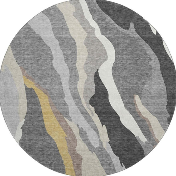 HomeRoots 8' Gray Gold and Charcoal Abstract Round Rug - Washable, UV Protected, Durable, Stylish Home Accent 682124