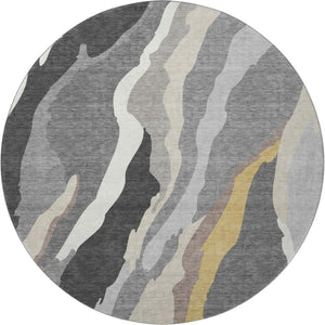 HomeRoots 8' Gray Gold and Charcoal Abstract Round Rug - Washable, UV Protected, Durable, Stylish Home Accent 682124