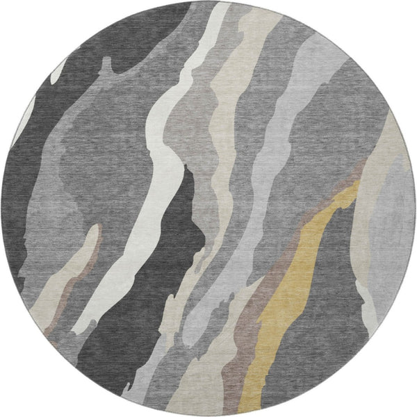 HomeRoots 8' Gray Gold and Charcoal Abstract Round Rug - Washable, UV Protected, Durable, Stylish Home Accent 682124