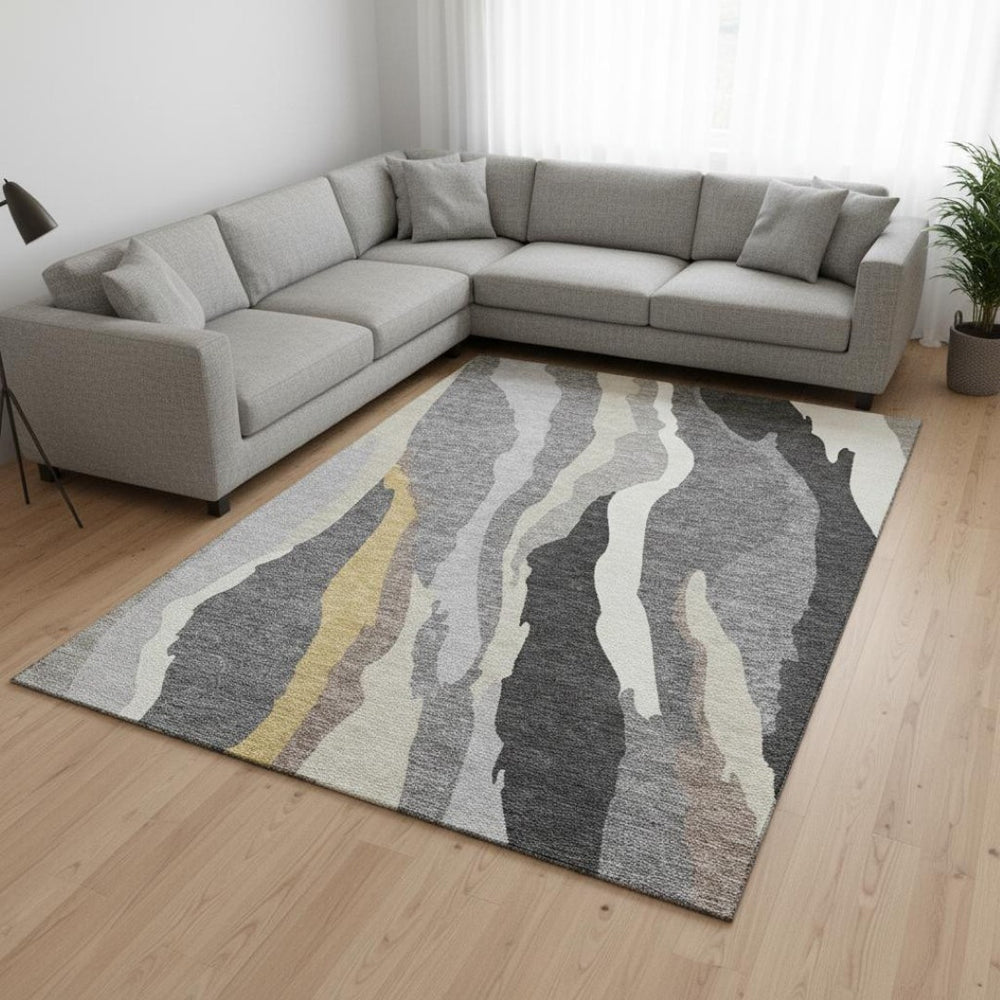 HomeRoots 8' X 10' Abstract Gray Gold Charcoal Area Rug – Washable, Stain-Resistant, UV Protected for Durability 682125