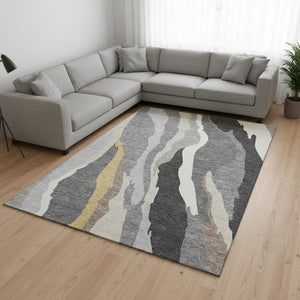 HomeRoots 8' X 10' Abstract Gray Gold Charcoal Area Rug – Washable, Stain-Resistant, UV Protected for Durability 682125