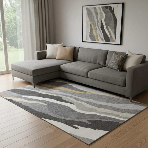 HomeRoots 9' X 12' Modern Gray Gold Charcoal Abstract Area Rug - Washable, UV Protected, Pet-Friendly Design 682126