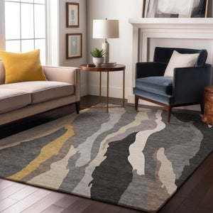 HomeRoots 9' X 12' Modern Gray Gold Charcoal Abstract Area Rug - Washable, UV Protected, Pet-Friendly Design 682126