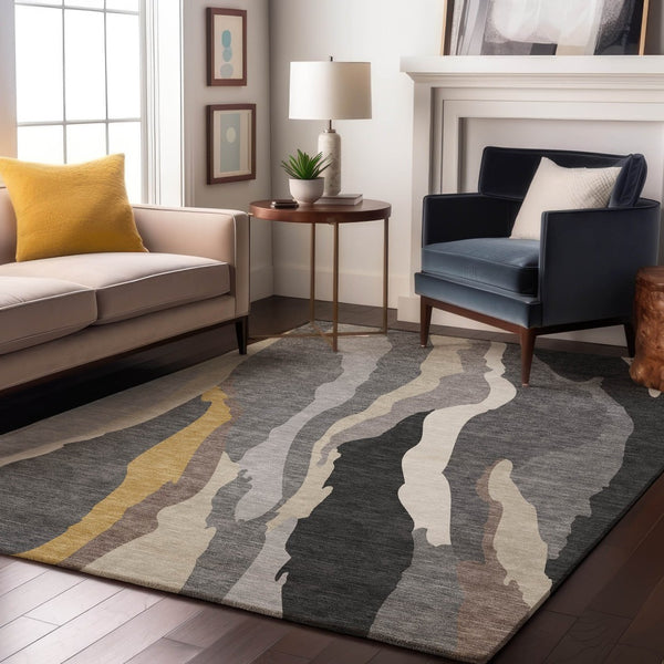 HomeRoots 9' X 12' Modern Gray Gold Charcoal Abstract Area Rug - Washable, UV Protected, Pet-Friendly Design 682126