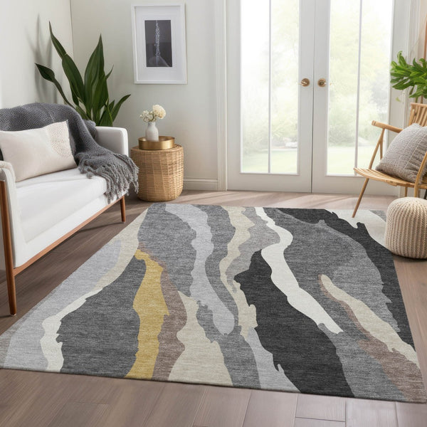HomeRoots 9' X 12' Modern Gray Gold Charcoal Abstract Area Rug - Washable, UV Protected, Pet-Friendly Design 682126