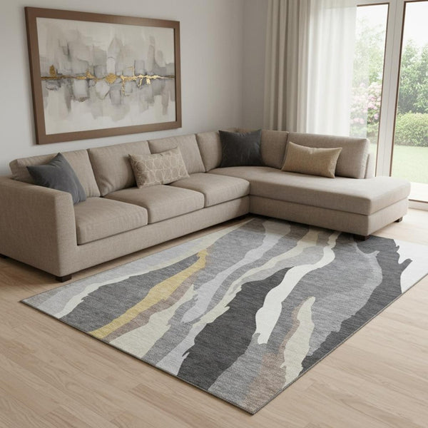 HomeRoots 10' Gray Gold Charcoal Abstract Washable Area Rug - UV Protected, Durable Design for Modern Spaces 682127