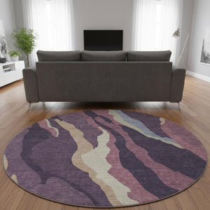 HomeRoots 8' Modern Washable Round Rug in Soft Plum, Ivory & Gray - UV-Protected, Stain-Resistant Design! 682136