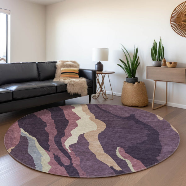 HomeRoots 8' Modern Washable Round Rug in Soft Plum, Ivory & Gray - UV-Protected, Stain-Resistant Design! 682136