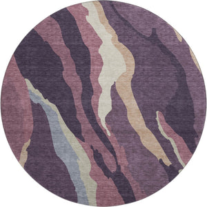 HomeRoots 8' Modern Washable Round Rug in Soft Plum, Ivory & Gray - UV-Protected, Stain-Resistant Design! 682136