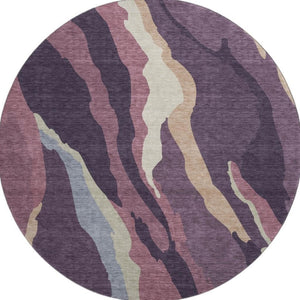 HomeRoots 8' Modern Washable Round Rug in Soft Plum, Ivory & Gray - UV-Protected, Stain-Resistant Design! 682136