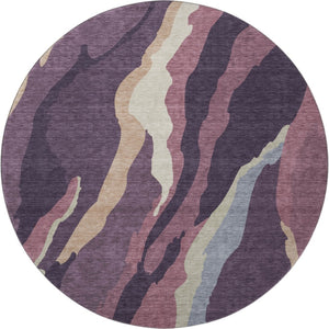 HomeRoots 8' Modern Washable Round Rug in Soft Plum, Ivory & Gray - UV-Protected, Stain-Resistant Design! 682136