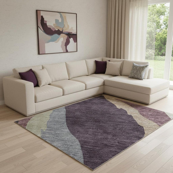 HomeRoots 9' X 12' Plum Ivory Gray Abstract Area Rug – Stylish, Washable, UV Protected for Modern Homes 682138