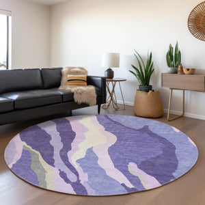 HomeRoots 8' Washable Round Rug in Modern Purple, Ivory & Gray - Durable, UV Protected, & Easy Care Design 682142