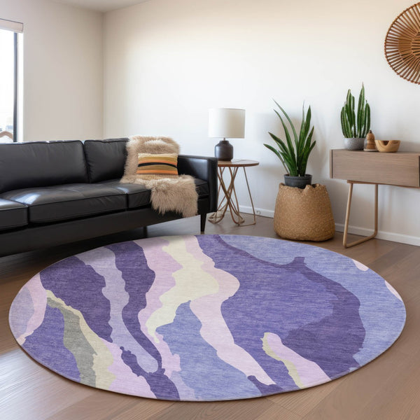 HomeRoots 8' Washable Round Rug in Modern Purple, Ivory & Gray - Durable, UV Protected, & Easy Care Design 682142