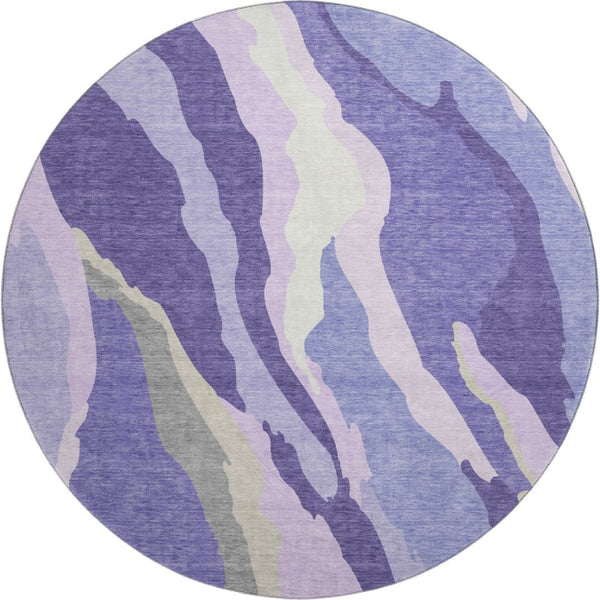 HomeRoots 8' Washable Round Rug in Modern Purple, Ivory & Gray - Durable, UV Protected, & Easy Care Design 682142