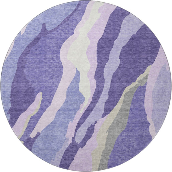 HomeRoots 8' Washable Round Rug in Modern Purple, Ivory & Gray - Durable, UV Protected, & Easy Care Design 682142