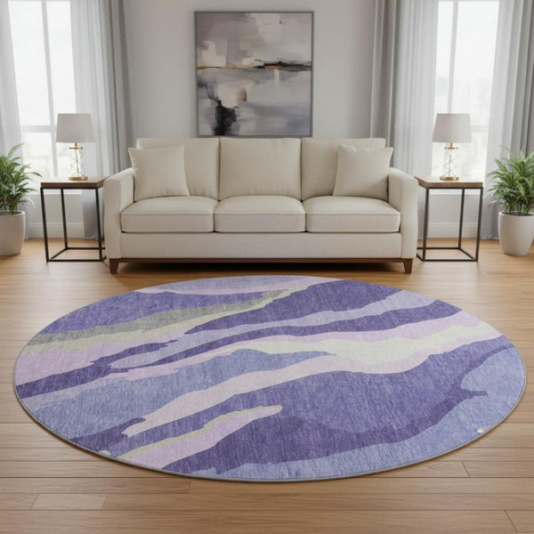 HomeRoots 8' Washable Round Rug in Modern Purple, Ivory & Gray - Durable, UV Protected, & Easy Care Design 682142