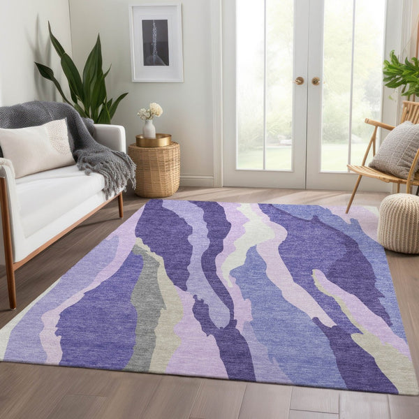 HomeRoots 9' X 12' Modern Purple, Ivory & Gray Abstract Area Rug - Washable, UV-Protected for High-Traffic Areas 682144
