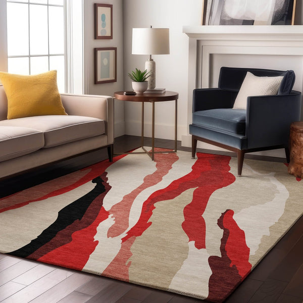 HomeRoots 5' X 8' Abstract Red, Black, and Ivory Area Rug - Washable, UV-Protected, Stain Resistant, Durable Design 682147