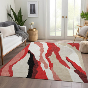 HomeRoots 5' X 8' Abstract Red, Black, and Ivory Area Rug - Washable, UV-Protected, Stain Resistant, Durable Design 682147