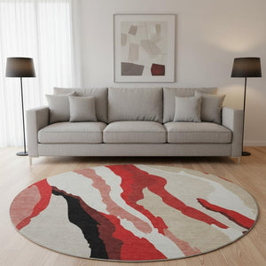 HomeRoots 8' Round Washable Rug in Red, Black & Ivory - UV Protected, Abstract Design for Modern Homes 682148