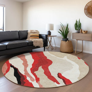 HomeRoots 8' Round Washable Rug in Red, Black & Ivory - UV Protected, Abstract Design for Modern Homes 682148
