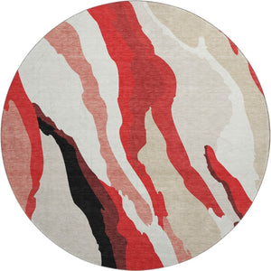 HomeRoots 8' Round Washable Rug in Red, Black & Ivory - UV Protected, Abstract Design for Modern Homes 682148