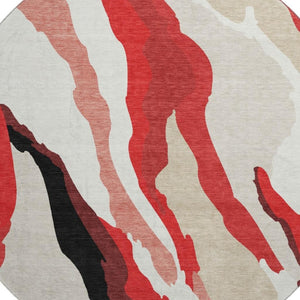 HomeRoots 8' Round Washable Rug in Red, Black & Ivory - UV Protected, Abstract Design for Modern Homes 682148