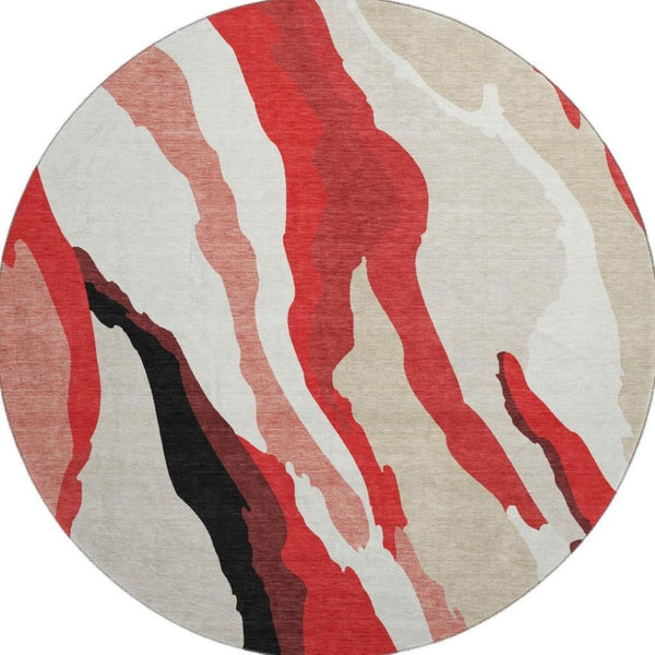 HomeRoots 8' Round Washable Rug in Red, Black & Ivory - UV Protected, Abstract Design for Modern Homes 682148
