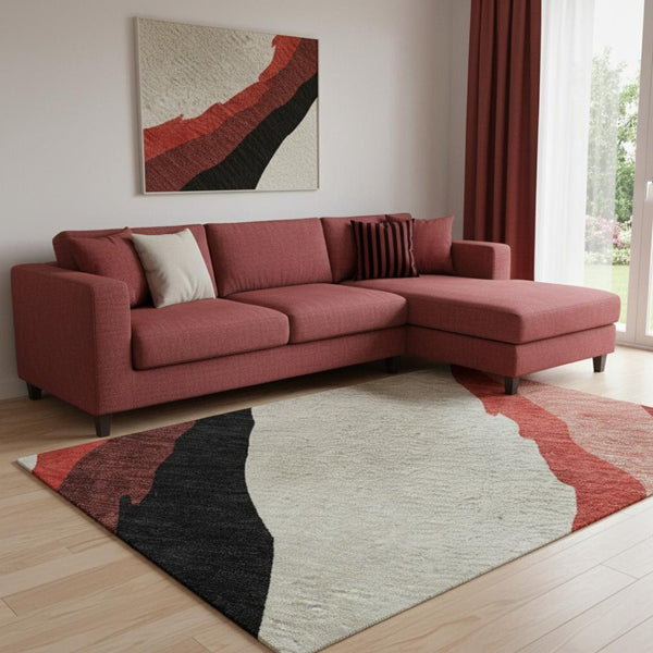 HomeRoots 8' X 10' Abstract Area Rug in Red, Black & Ivory - Durable, Washable, UV-Protected for Modern Spaces 682149