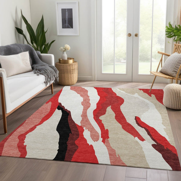 HomeRoots 10' X 14' Red Black Ivory Abstract Area Rug – Stylish, Washable, UV-Protected for High-Traffic Spaces! 682151