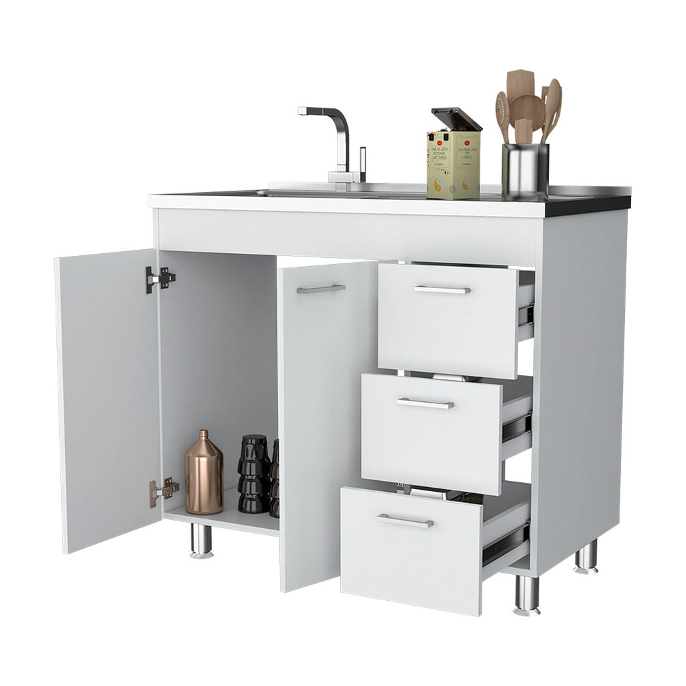 English Elm Darien White Base Cabinet with Faucet Hole, Double Door & 3 Drawers, 39.37"W x 35.43"H Stylish storage B128S00040