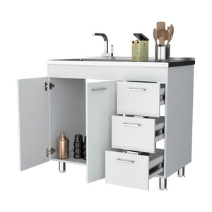English Elm Darien White Base Cabinet with Faucet Hole, Double Door & 3 Drawers, 39.37"W x 35.43"H Stylish storage B128S00040