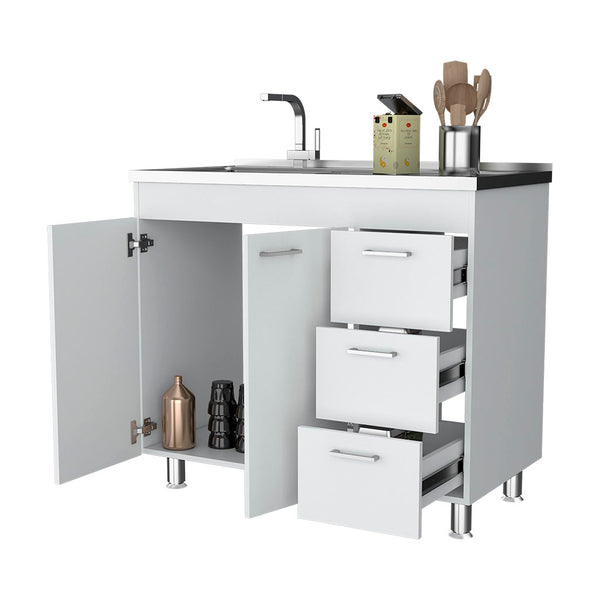 English Elm Darien White Base Cabinet with Faucet Hole, Double Door & 3 Drawers, 39.37"W x 35.43"H Stylish storage B128S00040