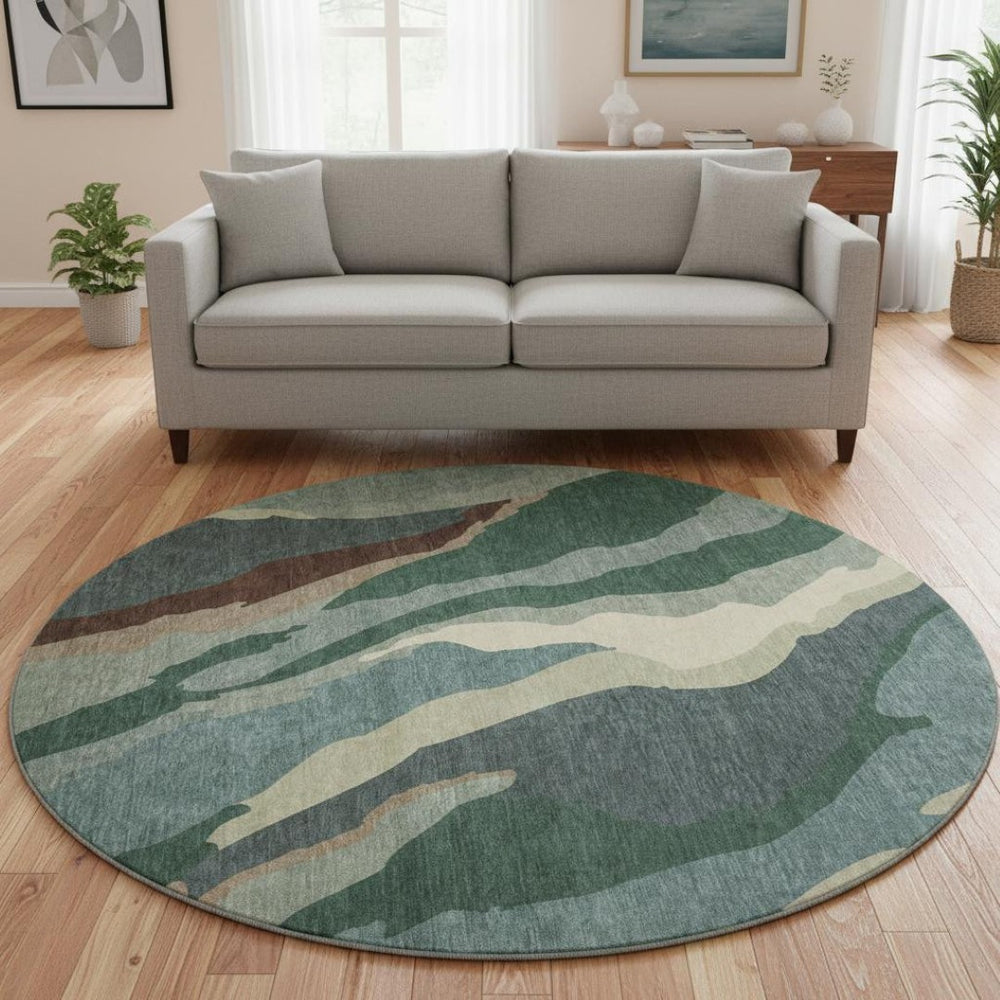 HomeRoots 8' Stylish Sage Taupe & Beige Round Rug - Washable, UV Protected, Stain Resistant for Busy Homes 682154