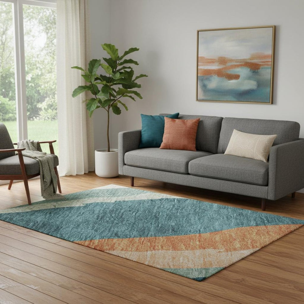HomeRoots 5' X 8' Vibrant Teal, Orange & Ivory Abstract Area Rug - Washable, UV Protected, Pet Friendly Design 682159