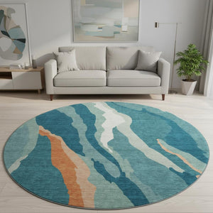 HomeRoots 8' Teal Orange and Ivory Abstract Washable Round Rug – Stylish, Durable, UV-Protected for Any Space 682160
