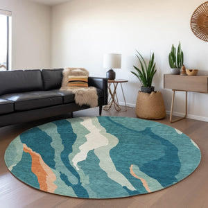 HomeRoots 8' Teal Orange and Ivory Abstract Washable Round Rug – Stylish, Durable, UV-Protected for Any Space 682160