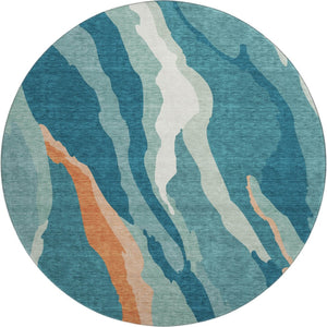 HomeRoots 8' Teal Orange and Ivory Abstract Washable Round Rug – Stylish, Durable, UV-Protected for Any Space 682160